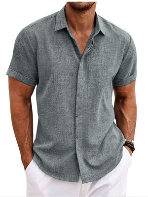 Men's gray short-sleeve button-down shirt with a textured fabric and casual fit.