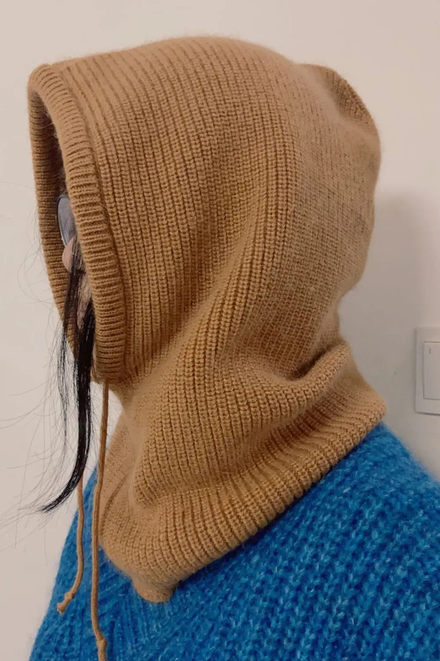 Hooded knit balaclava in caramel with drawstring detail.