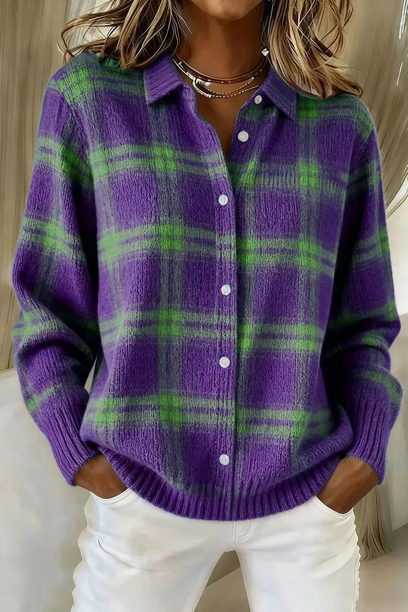 Light Purple cardigan with hip-length and button-front