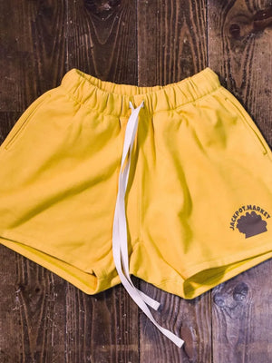 Gold fleece jogger shorts with drawstring and market logo detail