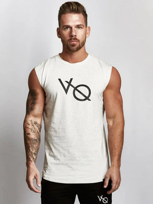 White graphic muscle tank top with VQ logo, sleeveless, crew neck.
