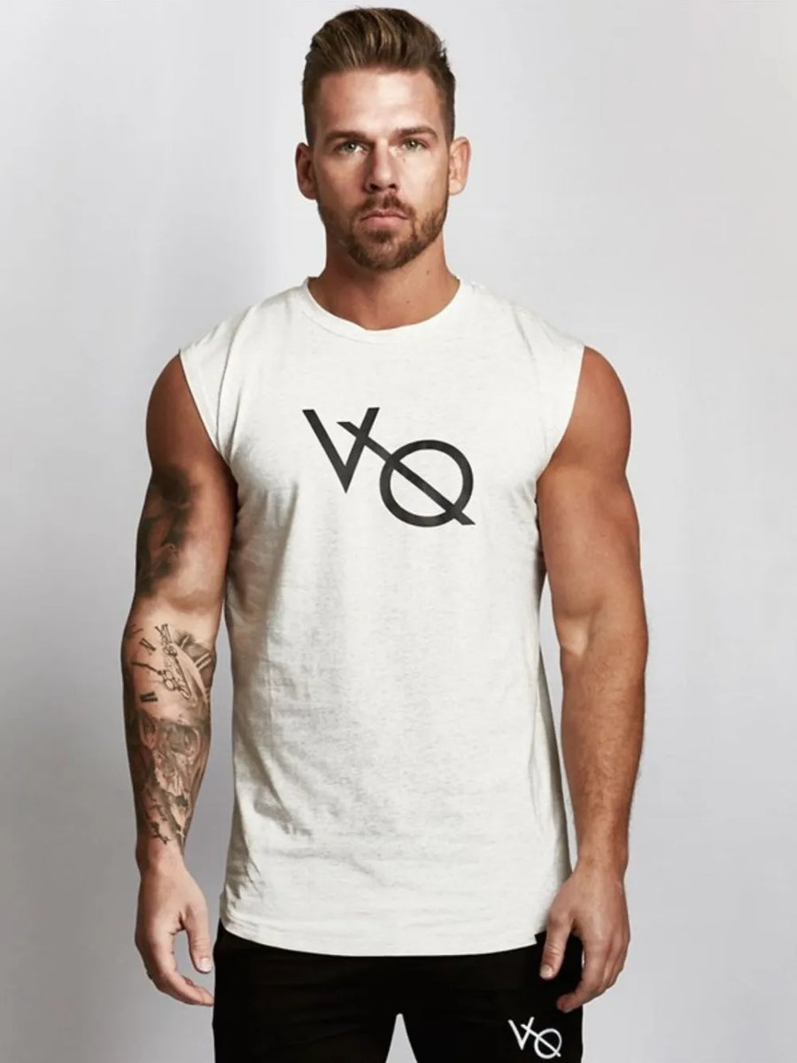 White graphic muscle tank top with VQ logo, sleeveless, crew neck.