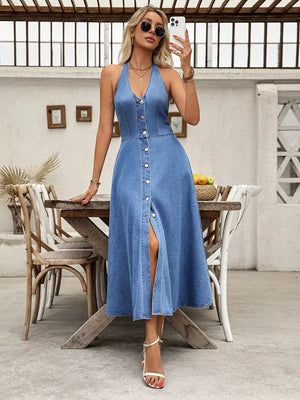 Halter Neck Button-down Denim Dress in this colorway