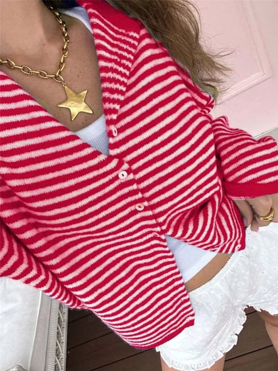Pink Striped Knit Button Up Cardigan