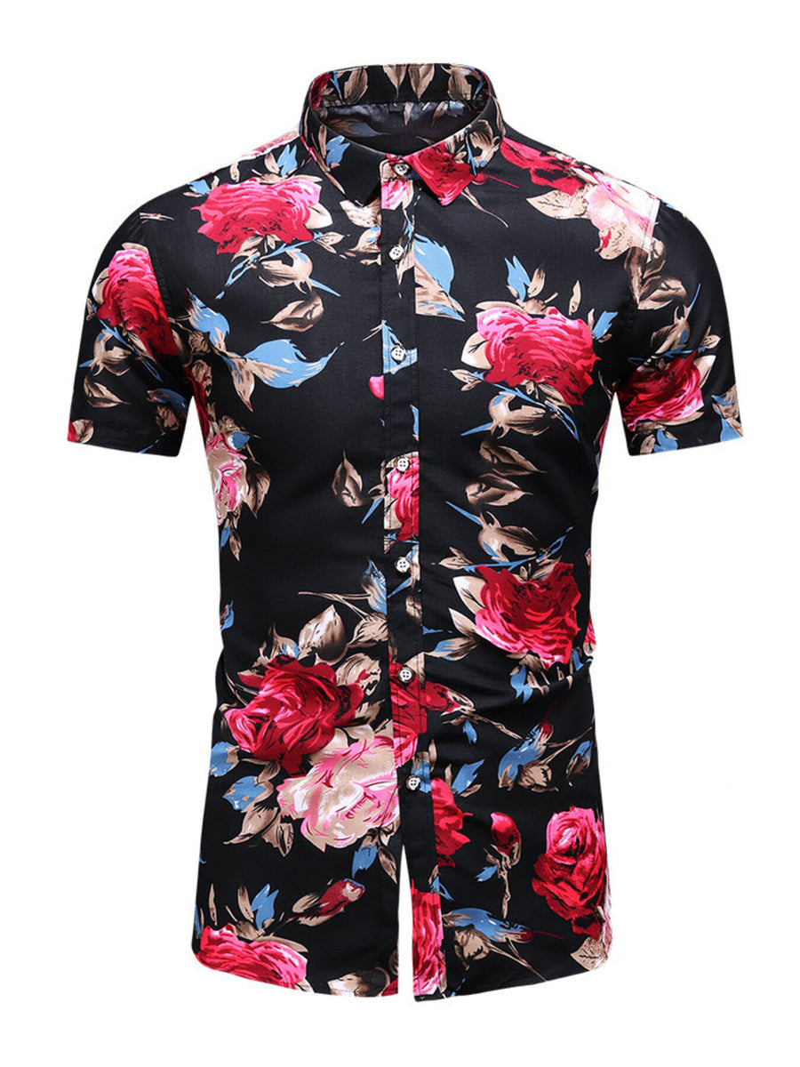 Men's black short sleeve button-up shirt with a bold floral print in red and blue.