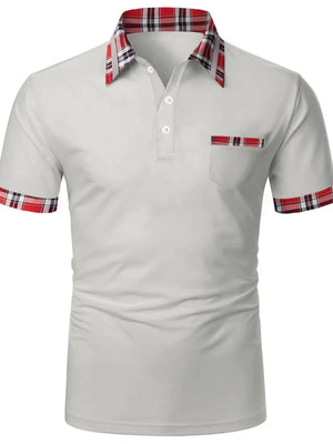 Light blue polo shirt with plaid trim on collar, pocket and sleeves.