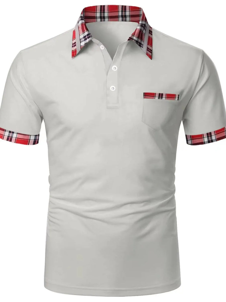 Light blue polo shirt with plaid trim on collar, pocket and sleeves.
