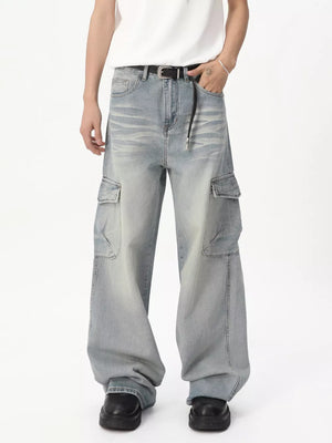 Relaxed fit light wash denim cargo jeans with vintage appeal and multiple pockets.