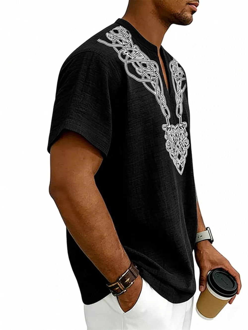 White Men's Notched Printed Short Sleeve Shirt Plus Size