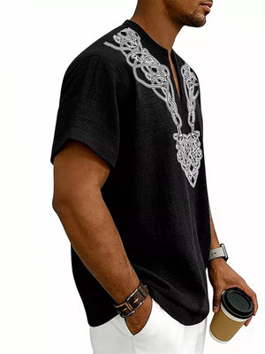 White Men's Notched Printed Short Sleeve Shirt Plus Size