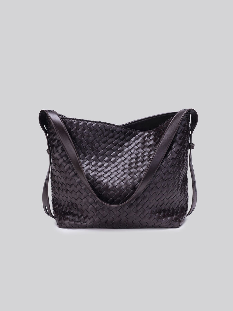 handbag featuring woven in dark brown with PU Leather Imported Size &amp texture