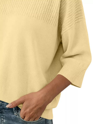 Yellow Elegant Crew Neck Eyelet Ribbed Sweater
