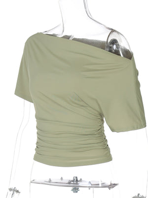 Sage ruched one shoulder t-shirt with asymmetrical neckline and short sleeves.