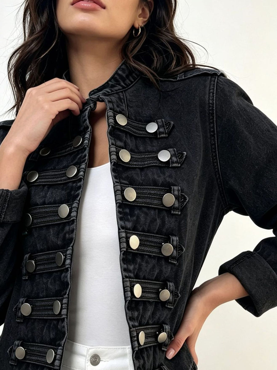 denim jacket in Black with collared and long sleeve