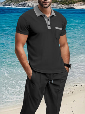 Men's Short Sleeve Polo And Pants Set Plus Size in Black