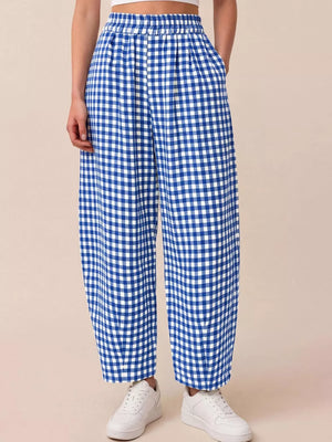 wide-leg pants featuring gingham in white with 100% viscose Care instructions: Machine wash cold texture