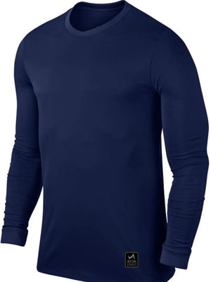Navy long sleeve performance tee with crew neck and logo tag detail.