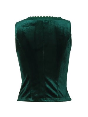 Green velvet button-down vest with lace trim detail