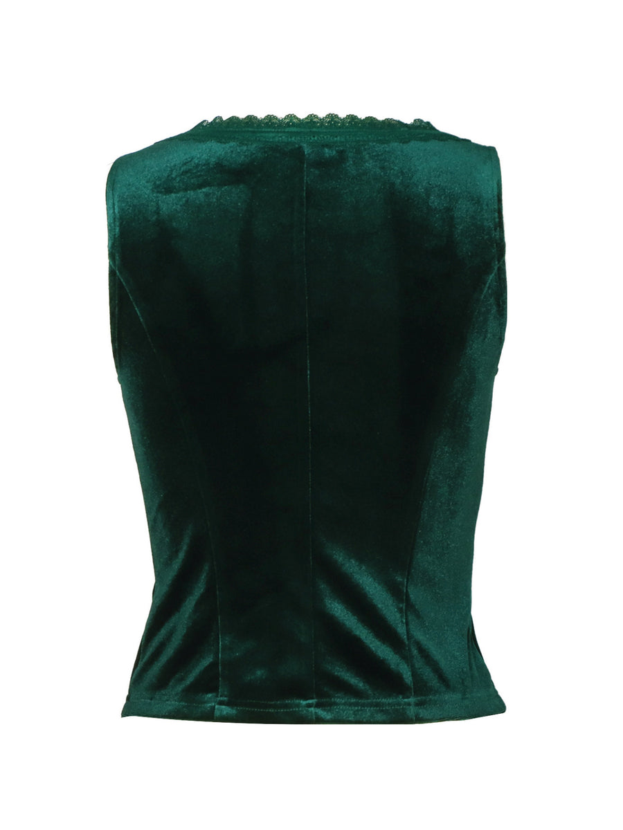 Green velvet button-down vest with lace trim detail