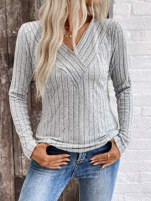 Ribbed V-neck Long Sleeve T-shirt in Grey