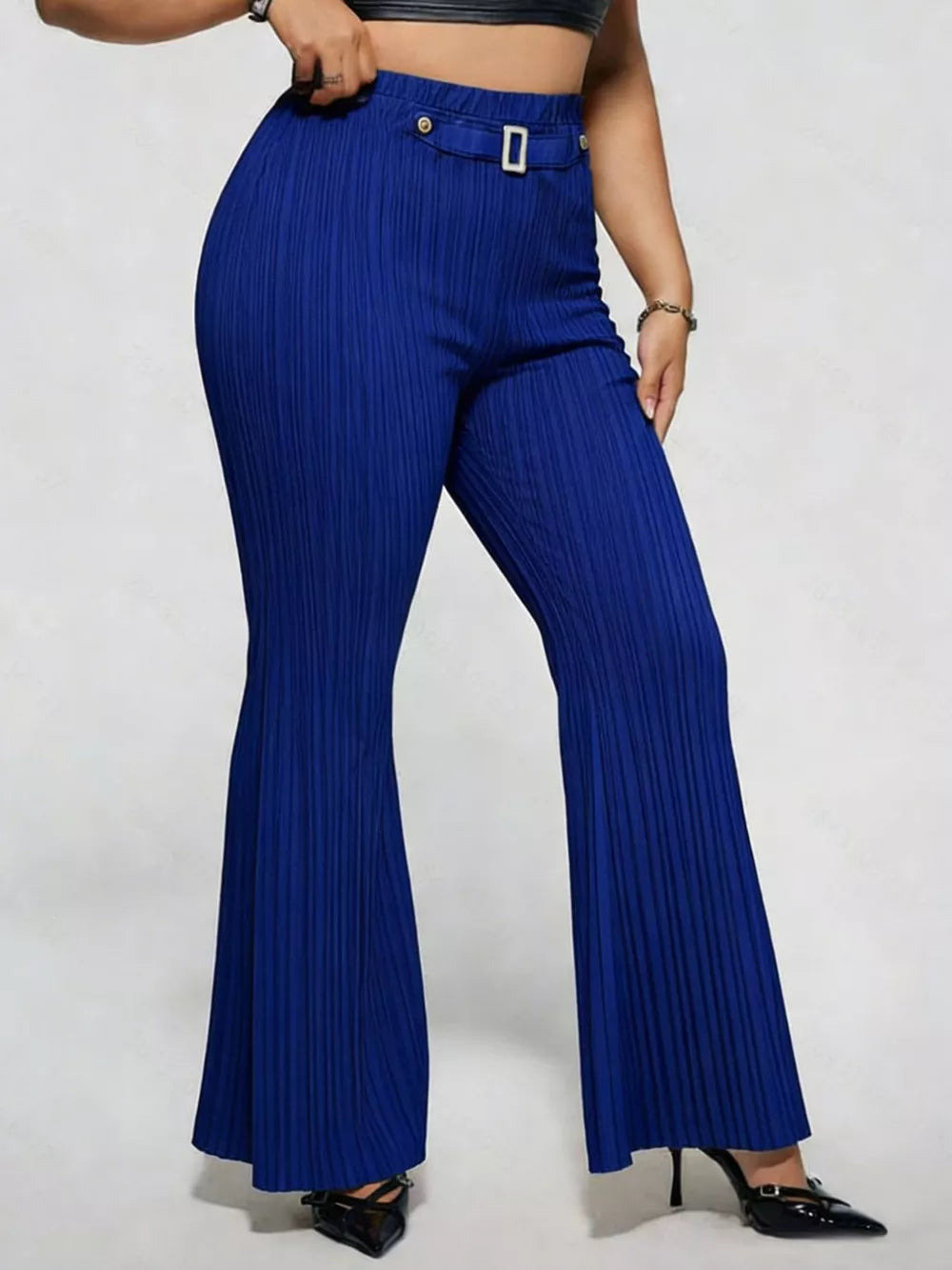 Ribbed high-waist flare maternity trousers in royal blue with a decorative buckle detail.