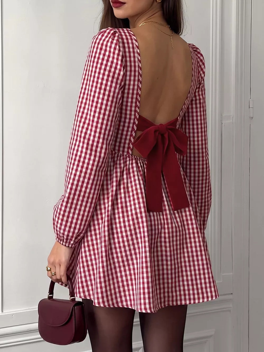 Backless Plaid Long Sleeve Mini Dress