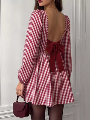 Backless Plaid Long Sleeve Mini Dress