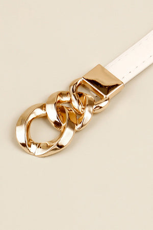 White leather belt with gold chain link buckle detail