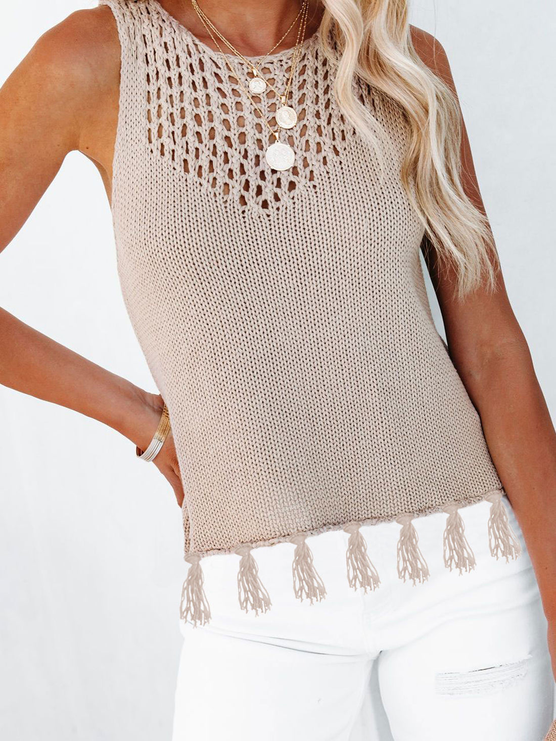Dust Storm knit tank top with crochet neckline and tassel trim hem