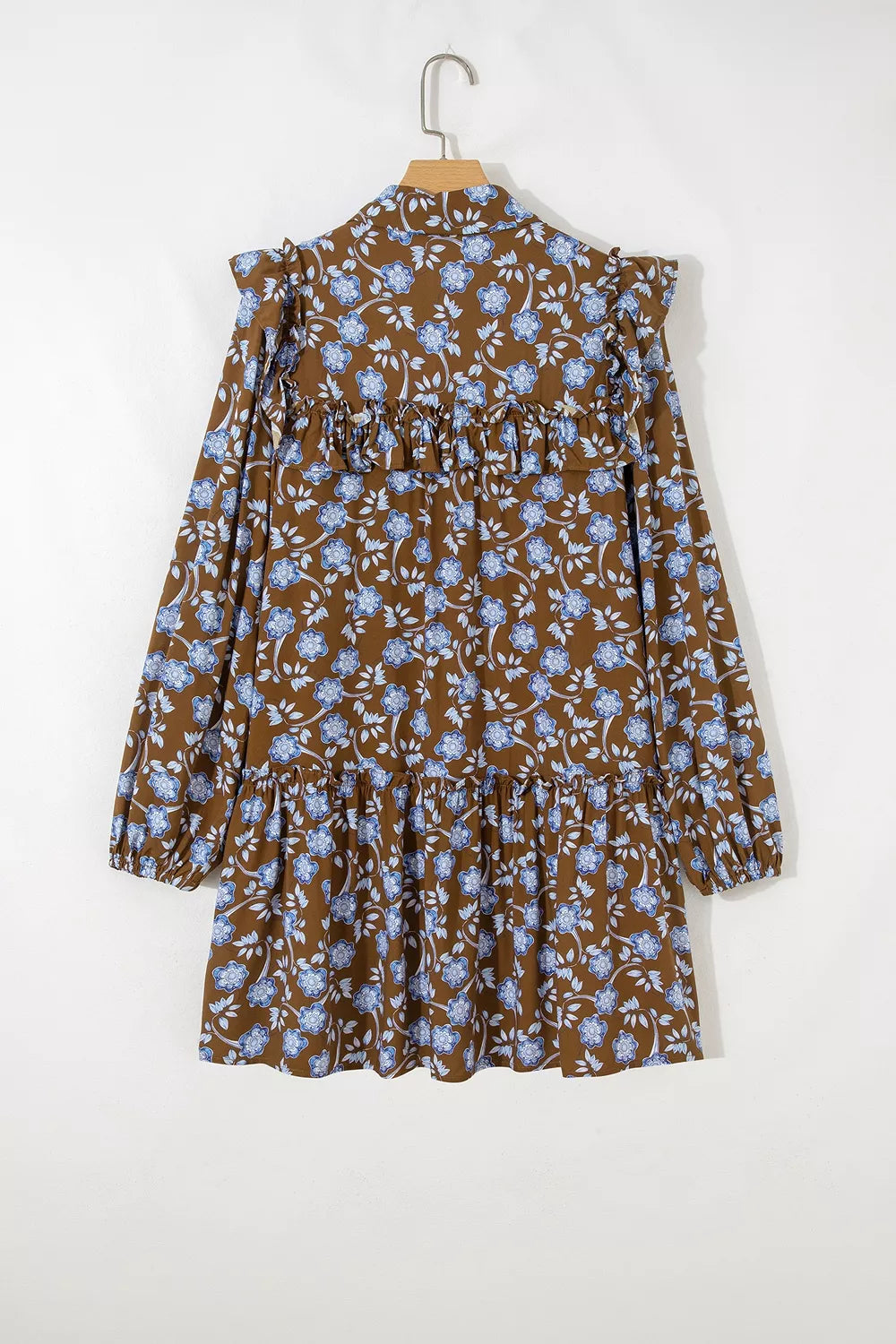 dark brown shirt dress with button-front and long sleeve