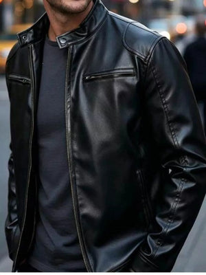 Men's Full Size Faux Leather Bomber Jacket in Burgundy