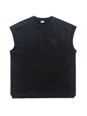 Men's black acid-wash graphic tank top with distressed "UP" logo.