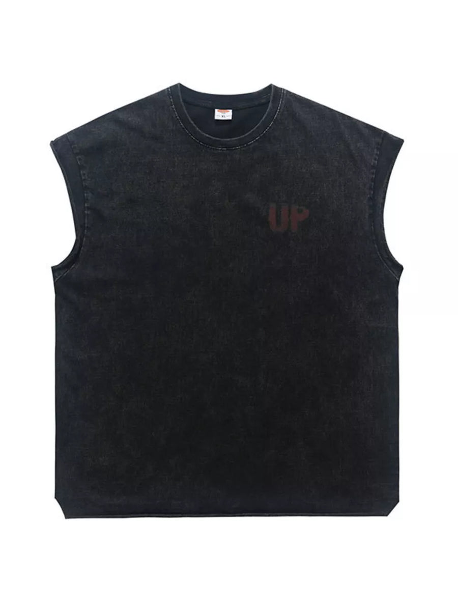 Men's black acid-wash graphic tank top with distressed "UP" logo.
