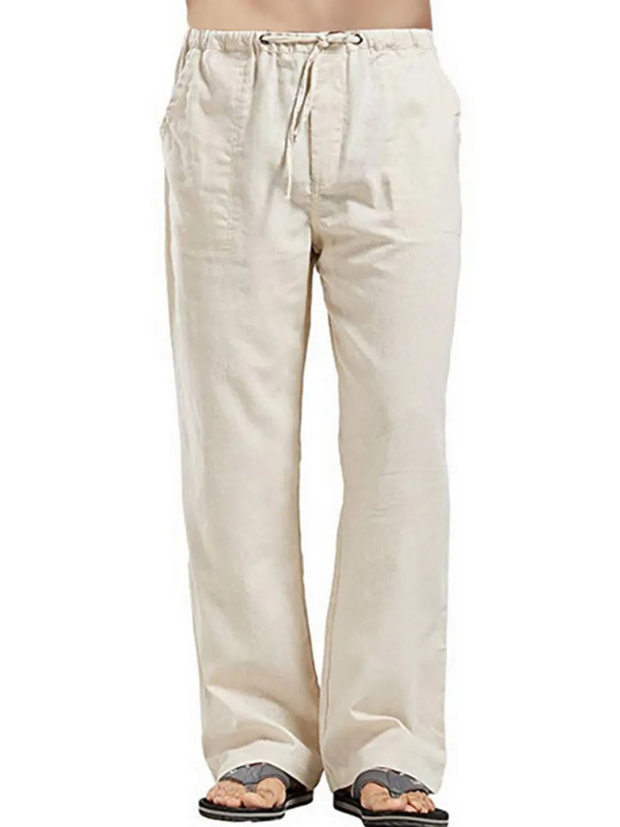 Relaxed fit linen drawstring trousers in Khaki with pockets and a tie waist.