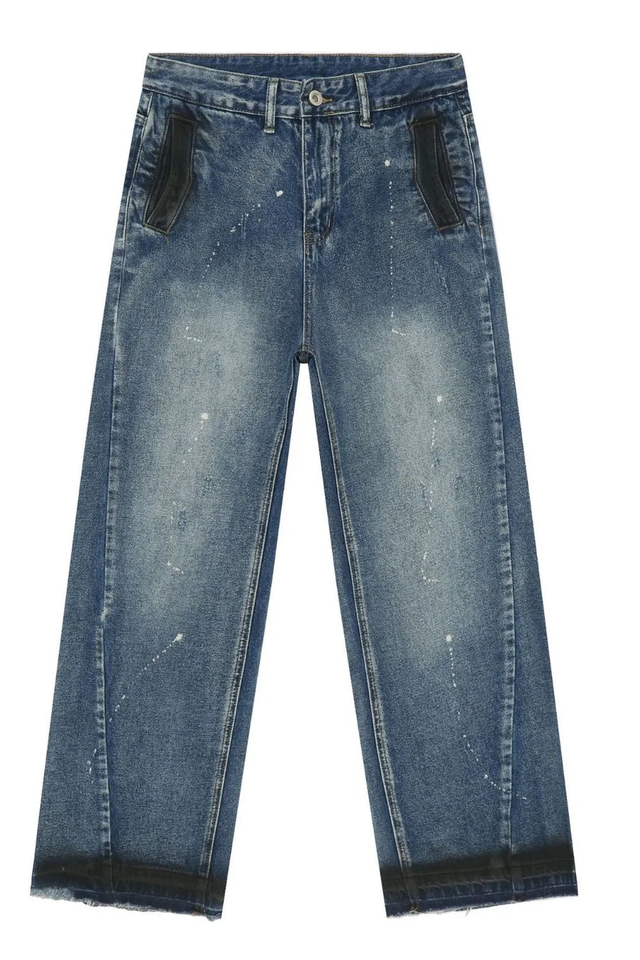 Panelled denim palazzo trousers in medium wash with paint splatters and black accents.