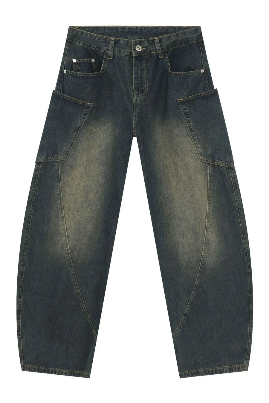 Dark wash denim balloon trousers with unique paneling and a relaxed fit.