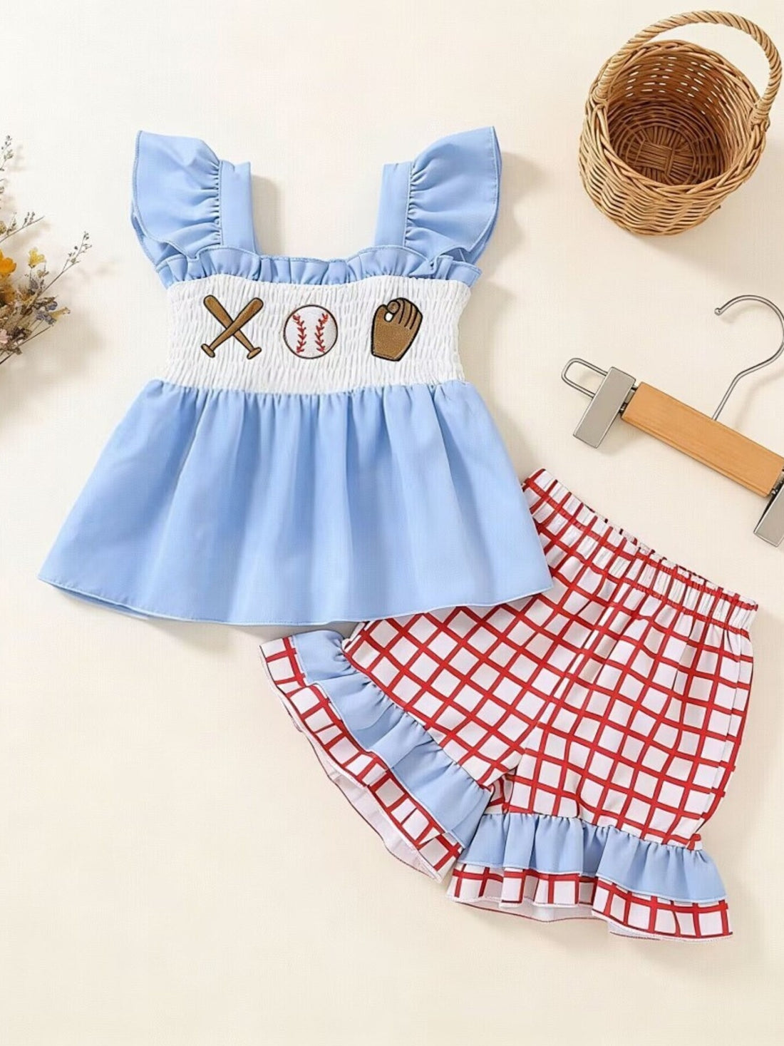 Baby girl blue ruffled top with baseball embroidery and red checkered shorts set