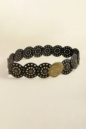 Black disc-embellished belt with gold oval buckle and gold stud details