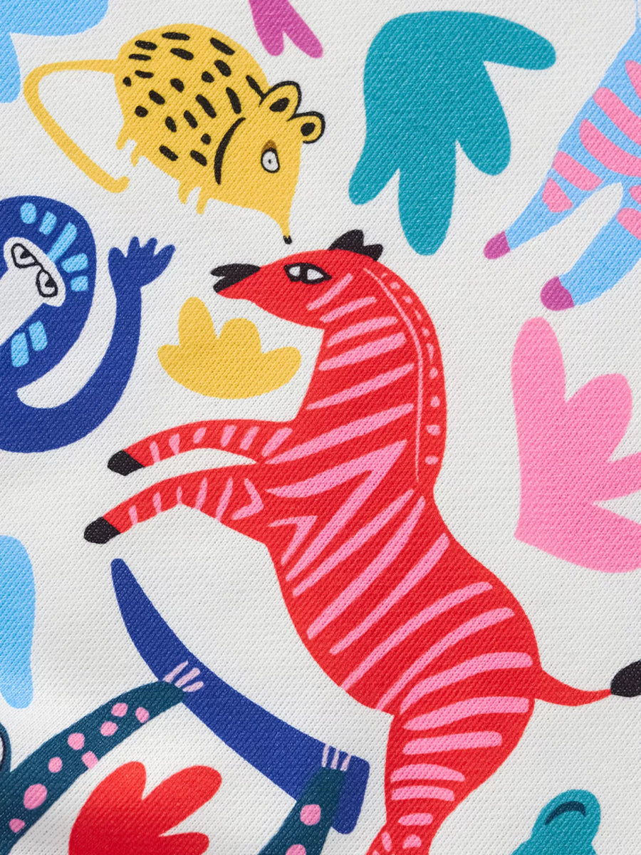 Crew neck sweatshirt with multicolor animal print featuring a red zebra and yellow mouse.