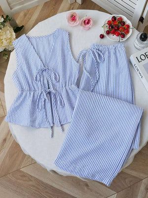Khaki Striped Tie-front Sleeveless Top And Pants Set