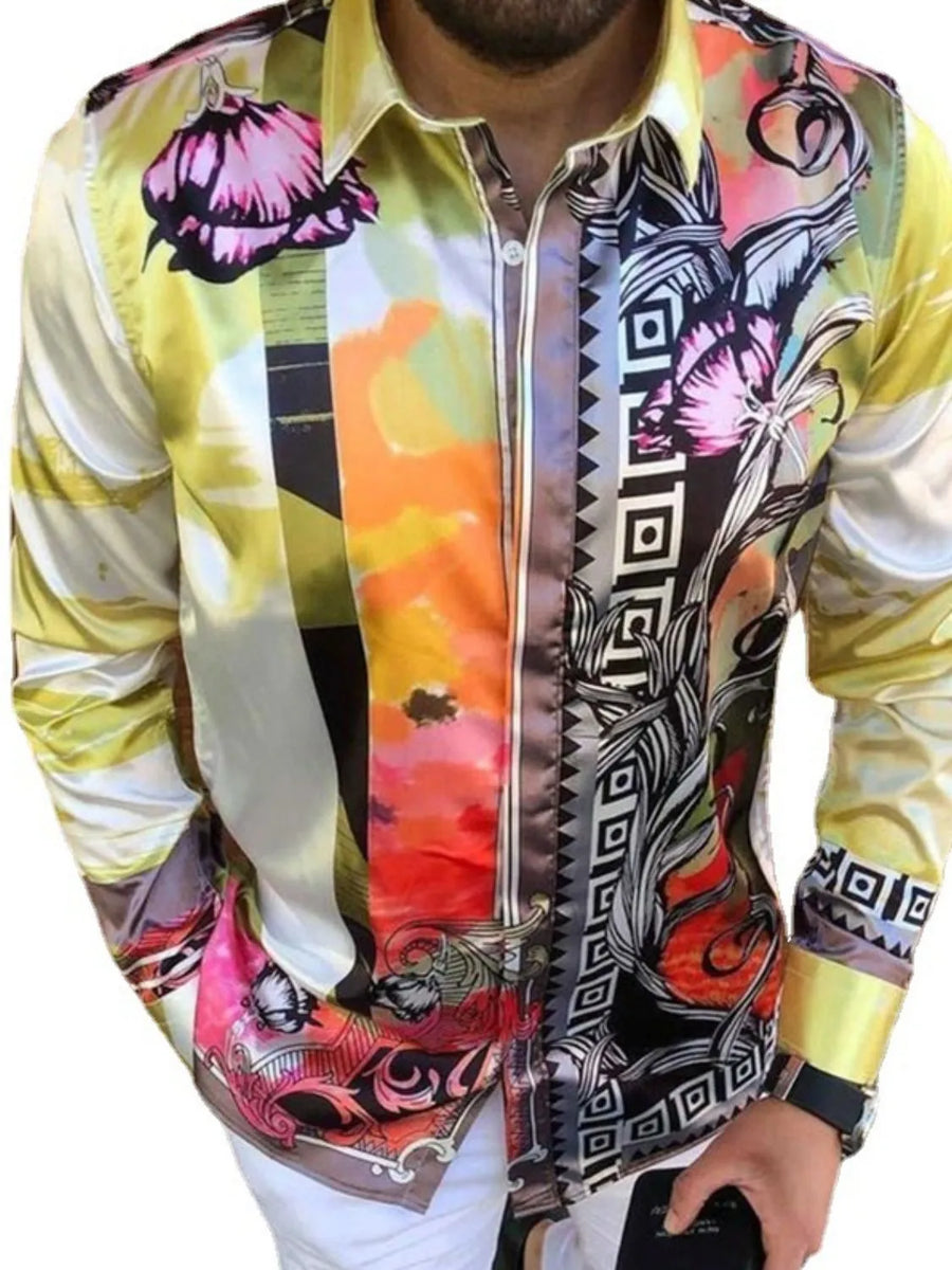 Artistic panel silk shirt in light yellow with bold floral and geometric prints.