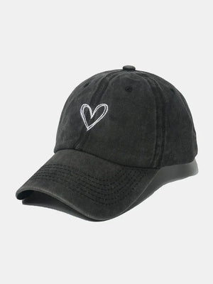 Black washed cotton baseball cap with white embroidered heart detail