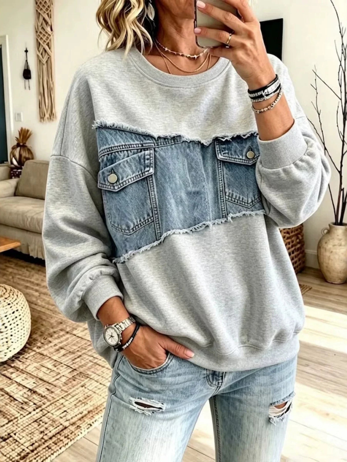 light grey sweatshirt with color-block and crew neck