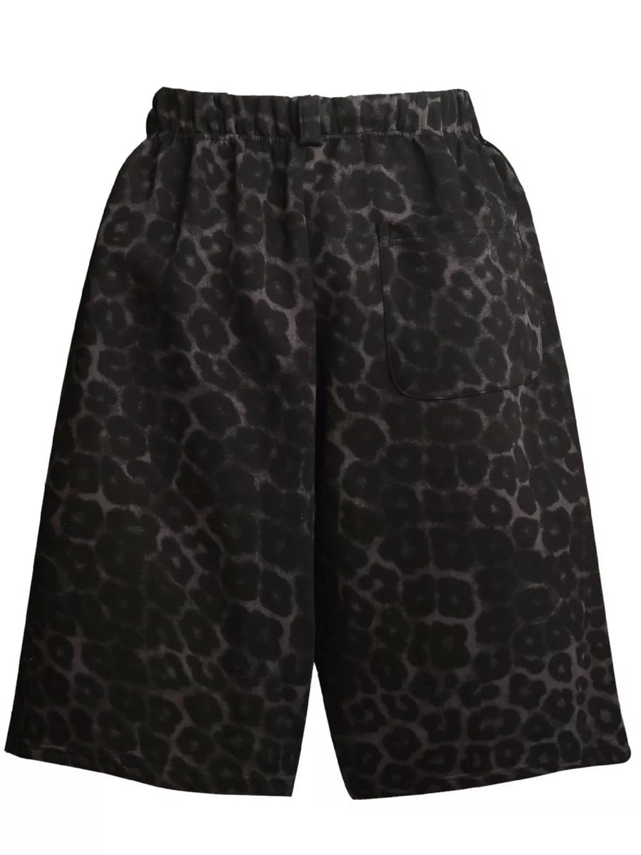 Men's grey leopard print sweatpants with elastic waist and back pocket.
