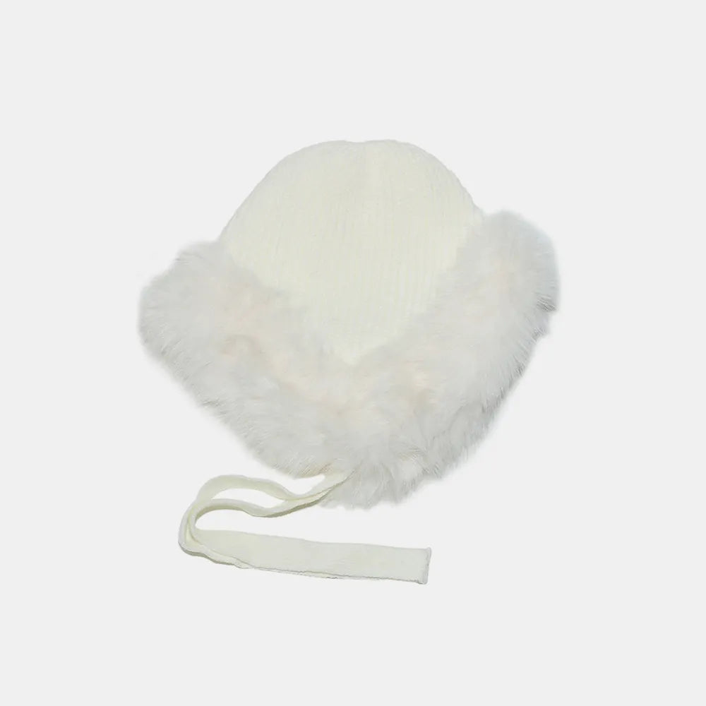 Ivory faux fur trim trapper hat with ties