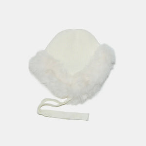 Ivory faux fur trim trapper hat with ties