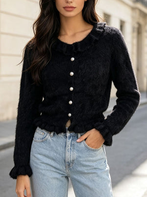 Soft Fuzzy Cardigan With Ruffled Collar in Pink with ruffled collar
