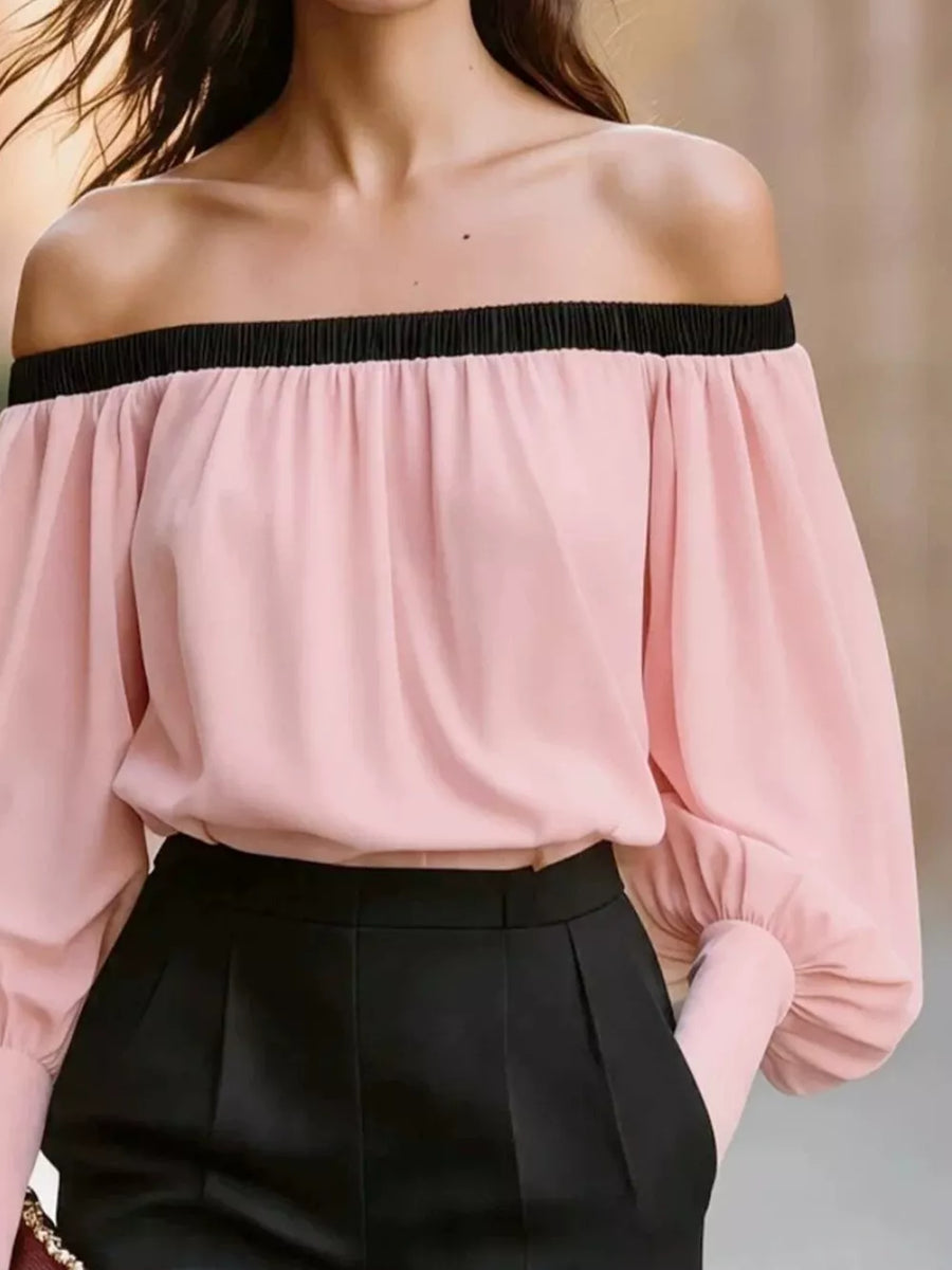 White with Off-shoulder Lantern Sleeve Blouse