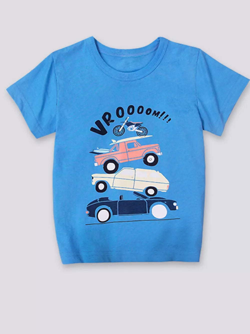 Blue t-shirt with graphic print of stacked cars and motorcycle with Vroom text
