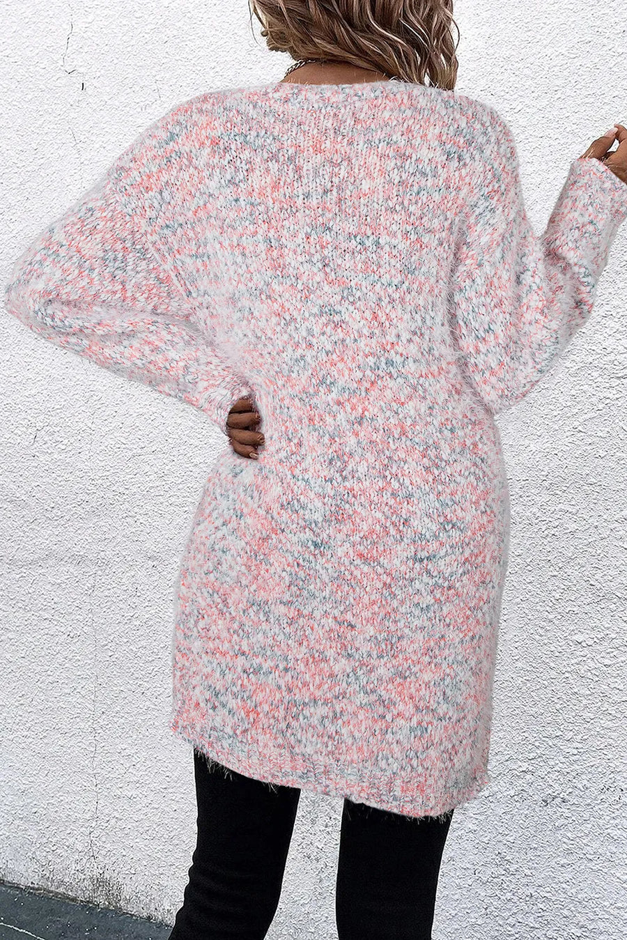 Multicolor bouclé knit cardigan in blush pink with a relaxed fit and long sleeves.